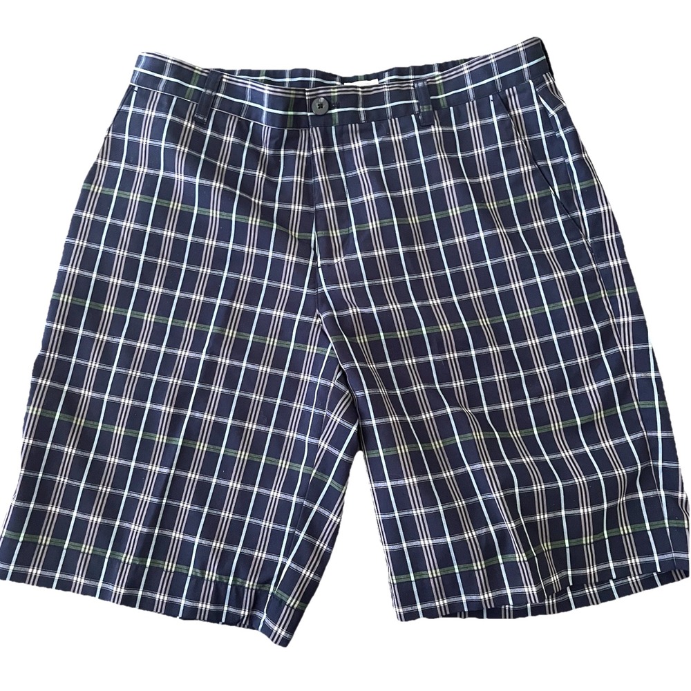 Adidas Men's Golf Shorts Size 34 Plaid Blue/Green Chino Flat‎ Front Stretch Logo